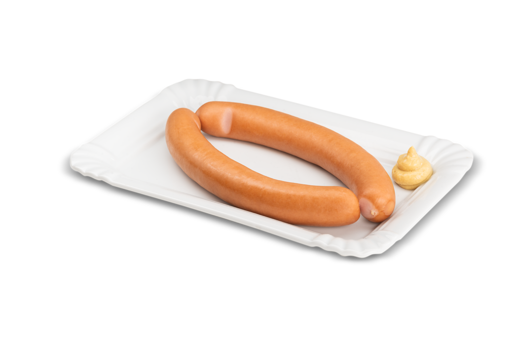Zwei Bockwürste auf Pappteller mit Senf